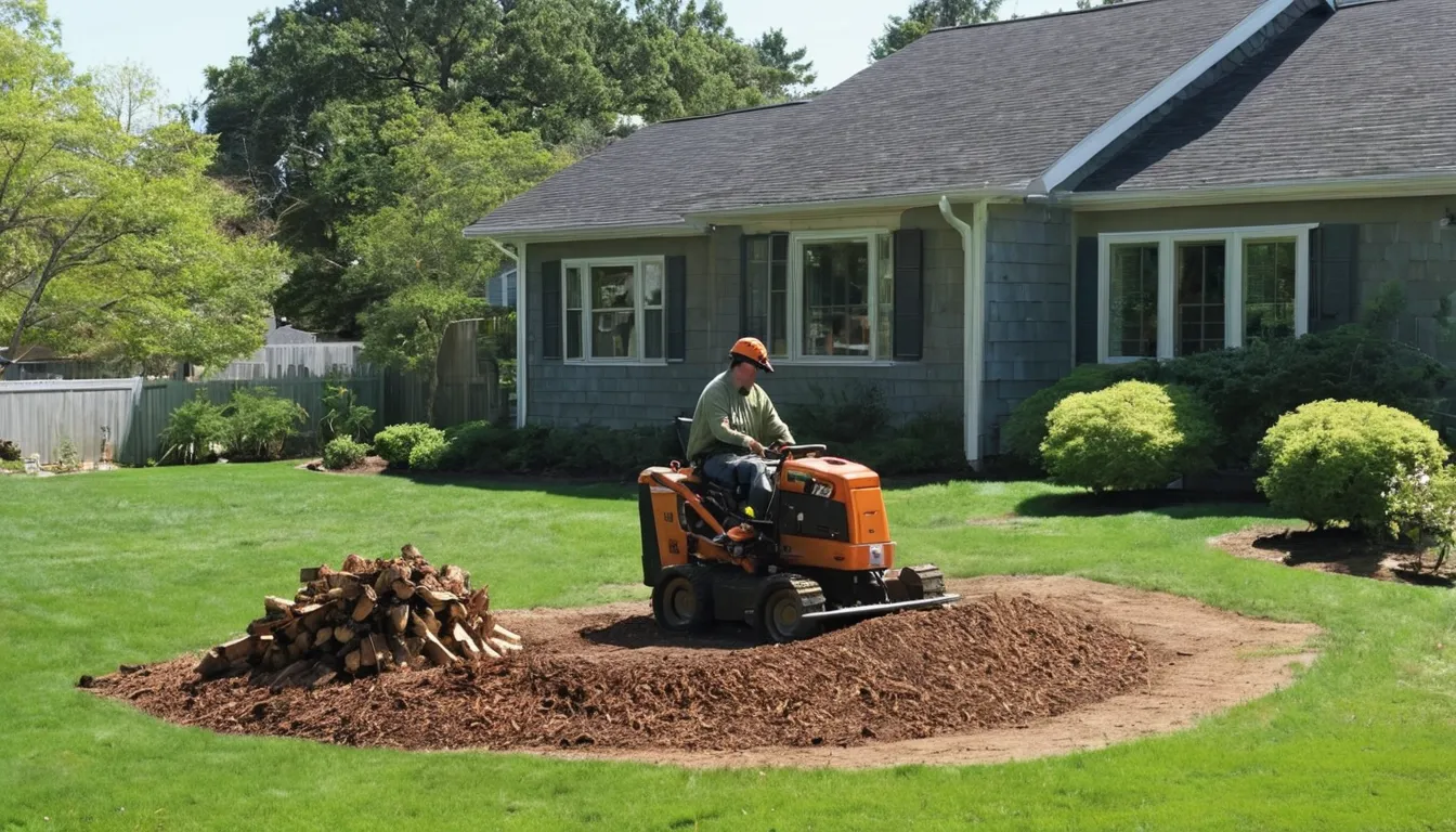 Stump grinder working on an old tree stump in a backyard near Stamford